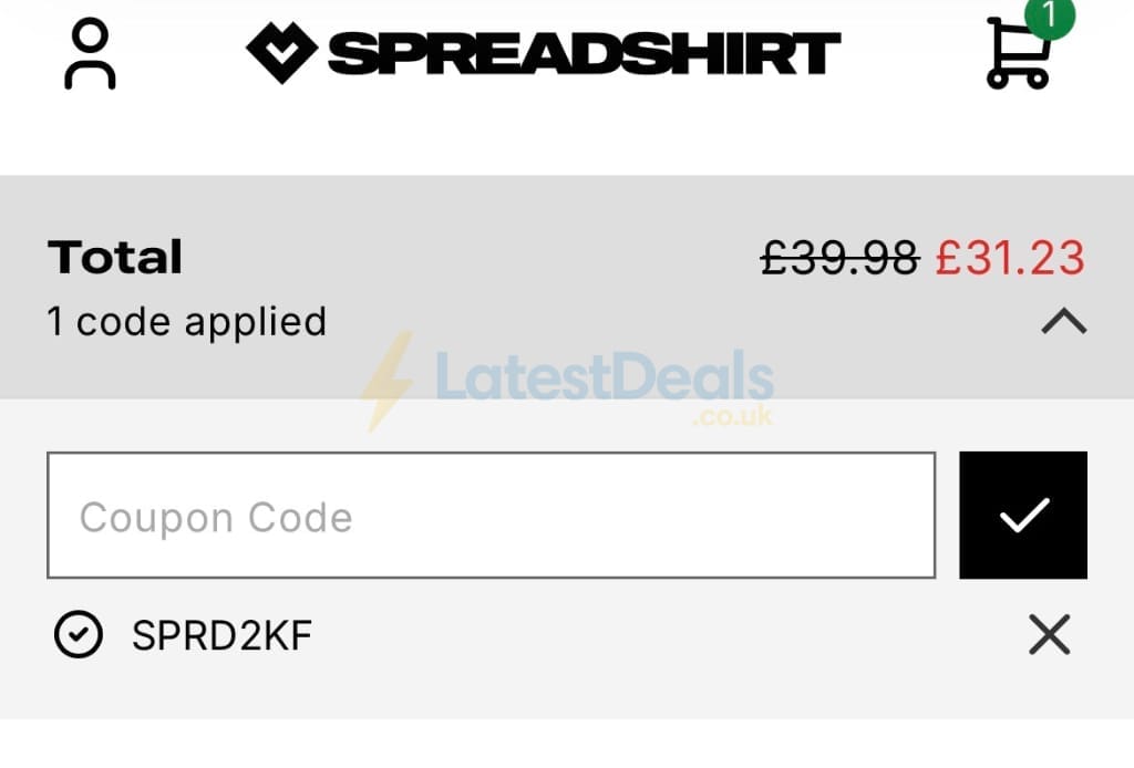 Screenshot of the Spreadshirt discount code working