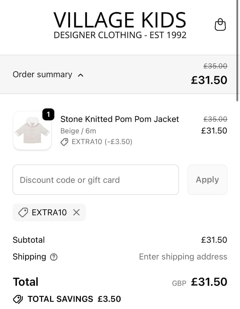 Screenshot of the Village Kids discount code working