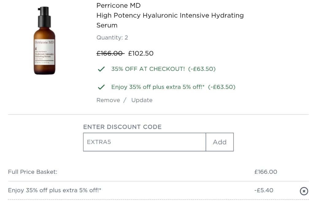 Screenshot of the Perricone MD discount code working