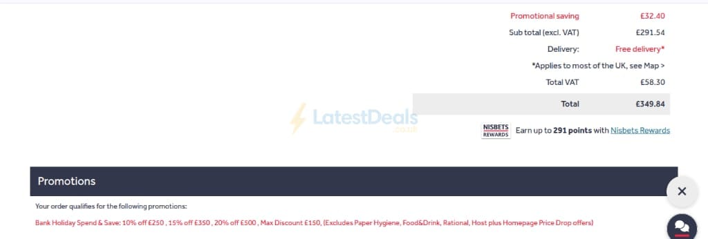 Screenshot of the Nisbets discount code working