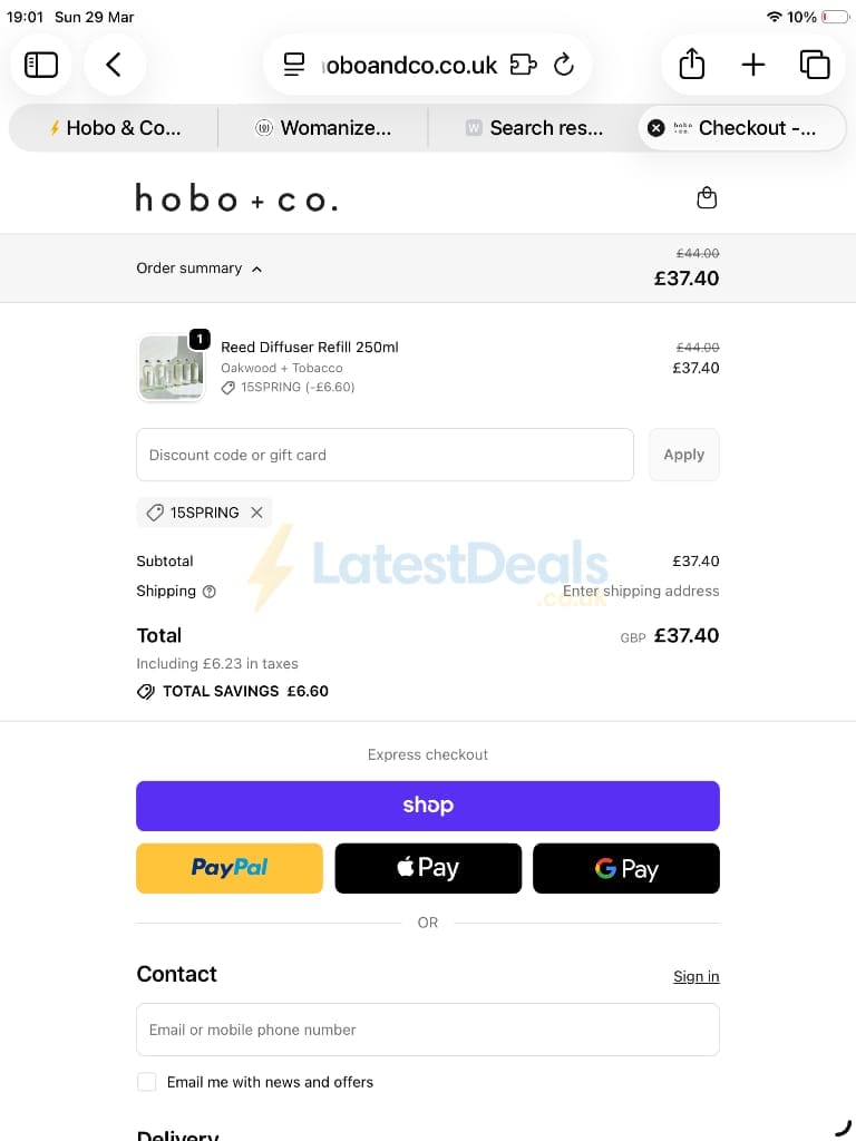 Screenshot of the hobo + co discount code working