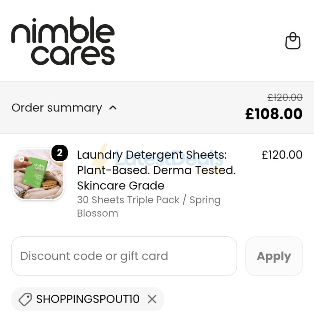 Screenshot of the nimble cares discount code working