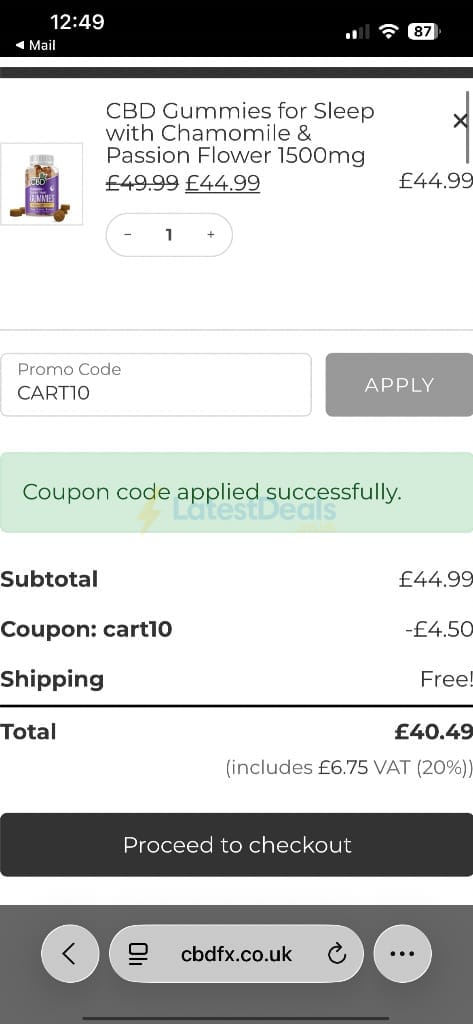 Screenshot of the CBDFX discount code working