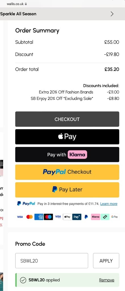 Screenshot of the Wallis discount code working