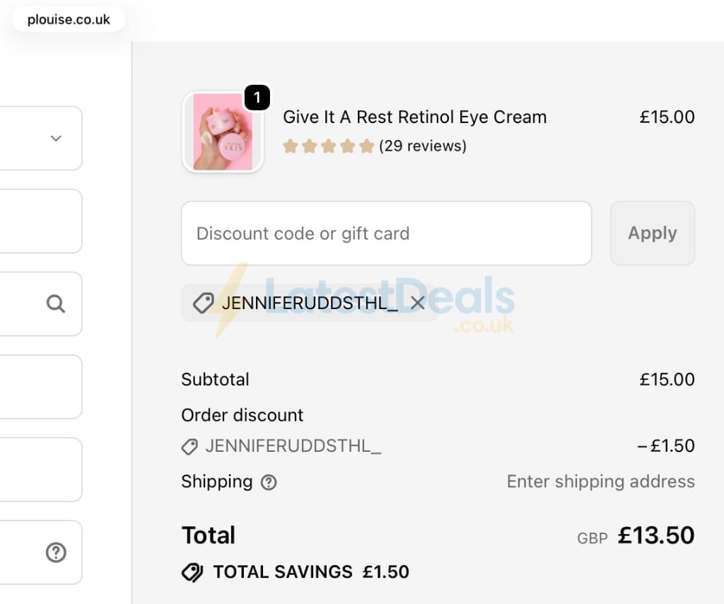 Screenshot of the P. Louise discount code working