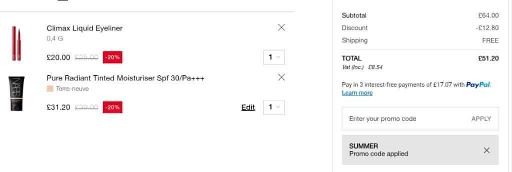 Screenshot of the NARS Cosmetics discount code working