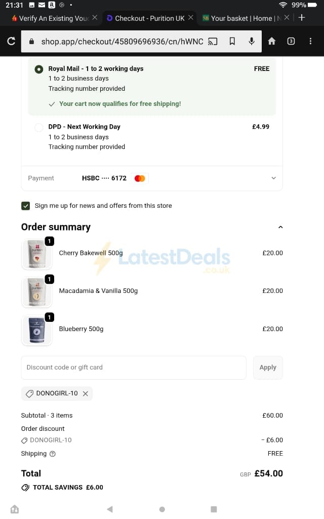 Screenshot of the Purition discount code working