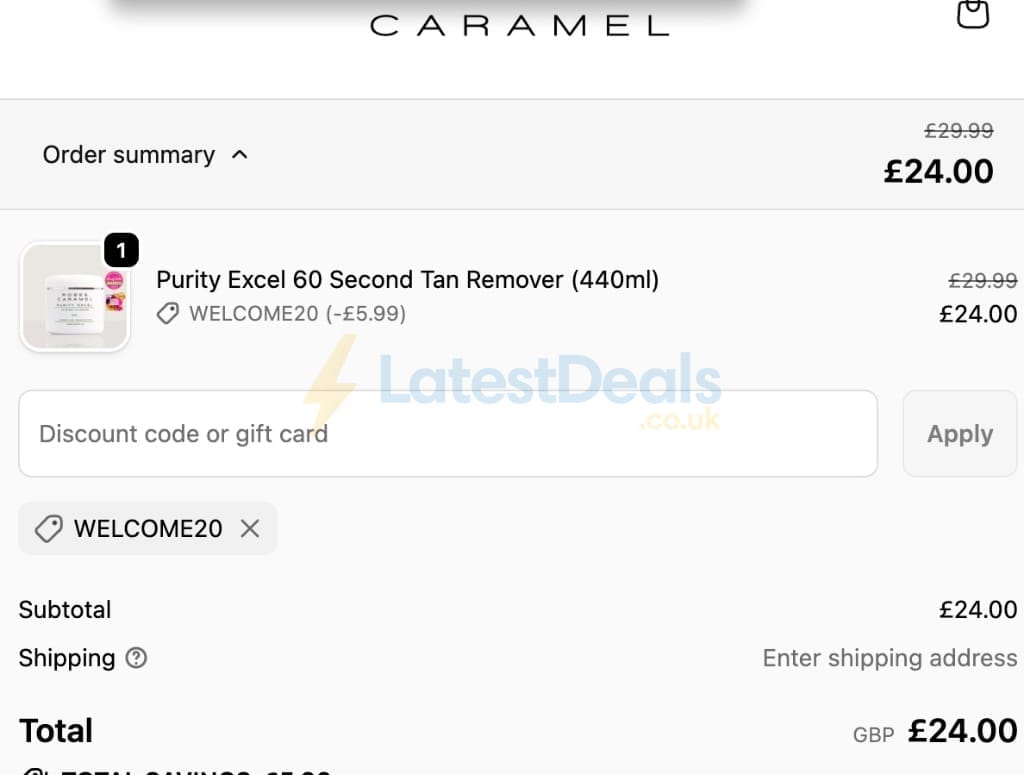 Screenshot of the Rose and Caramel discount code working