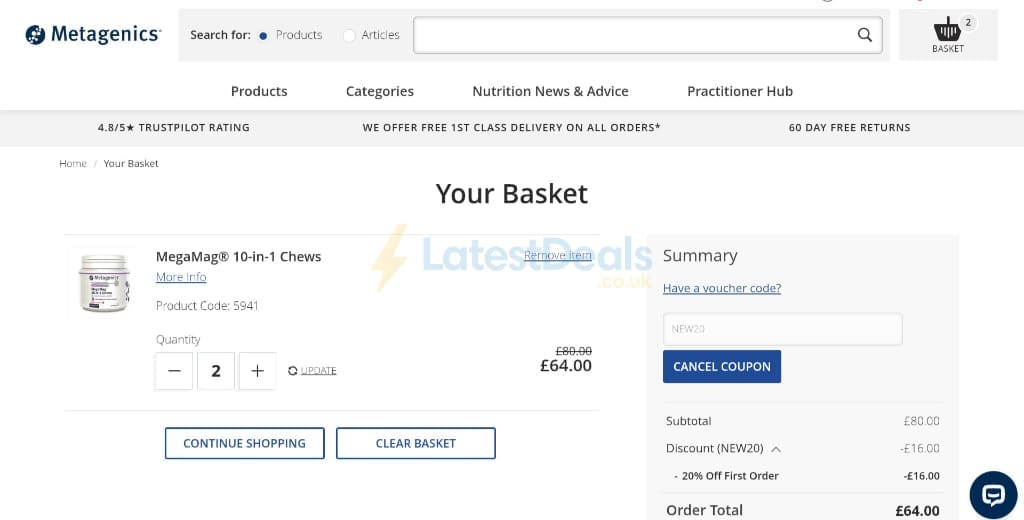 Screenshot of the Metagenics UK discount code working
