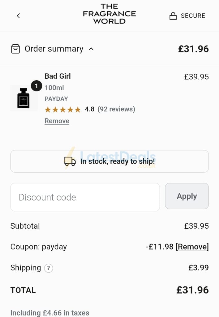 Screenshot of the The Fragrance World discount code working