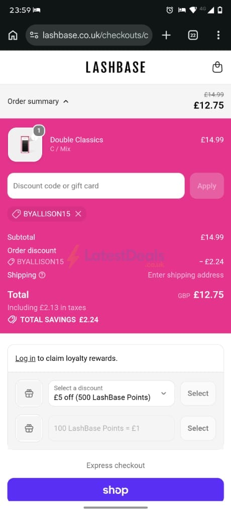 Screenshot of the LashBase discount code working