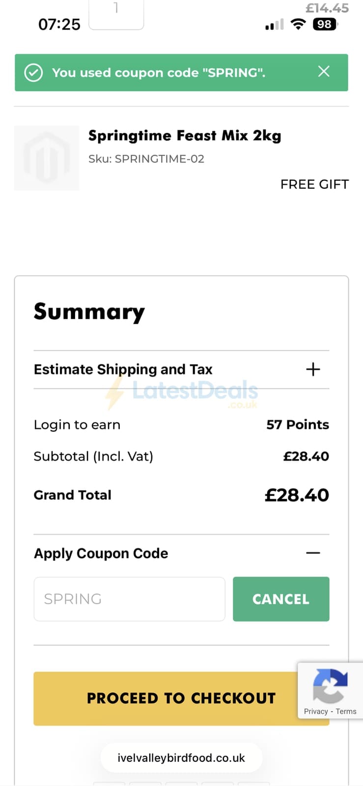 Screenshot of the Ivel Valley Bird Food discount code working