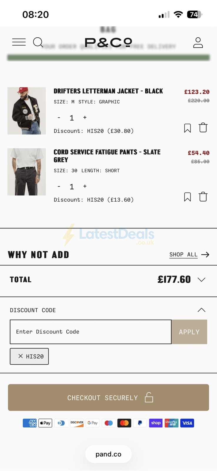Screenshot of the P&Co discount code working