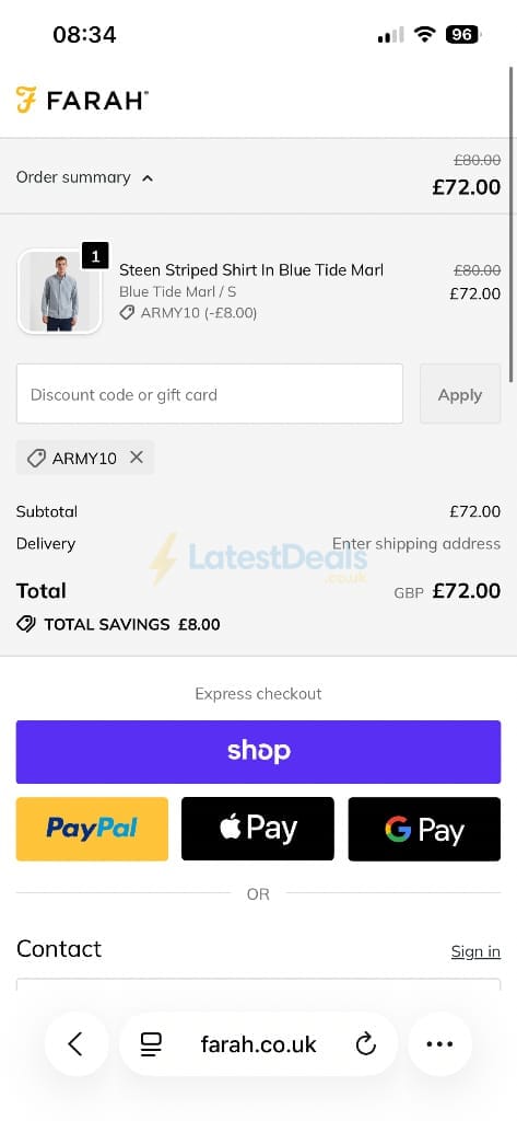 Screenshot of the Farah discount code working