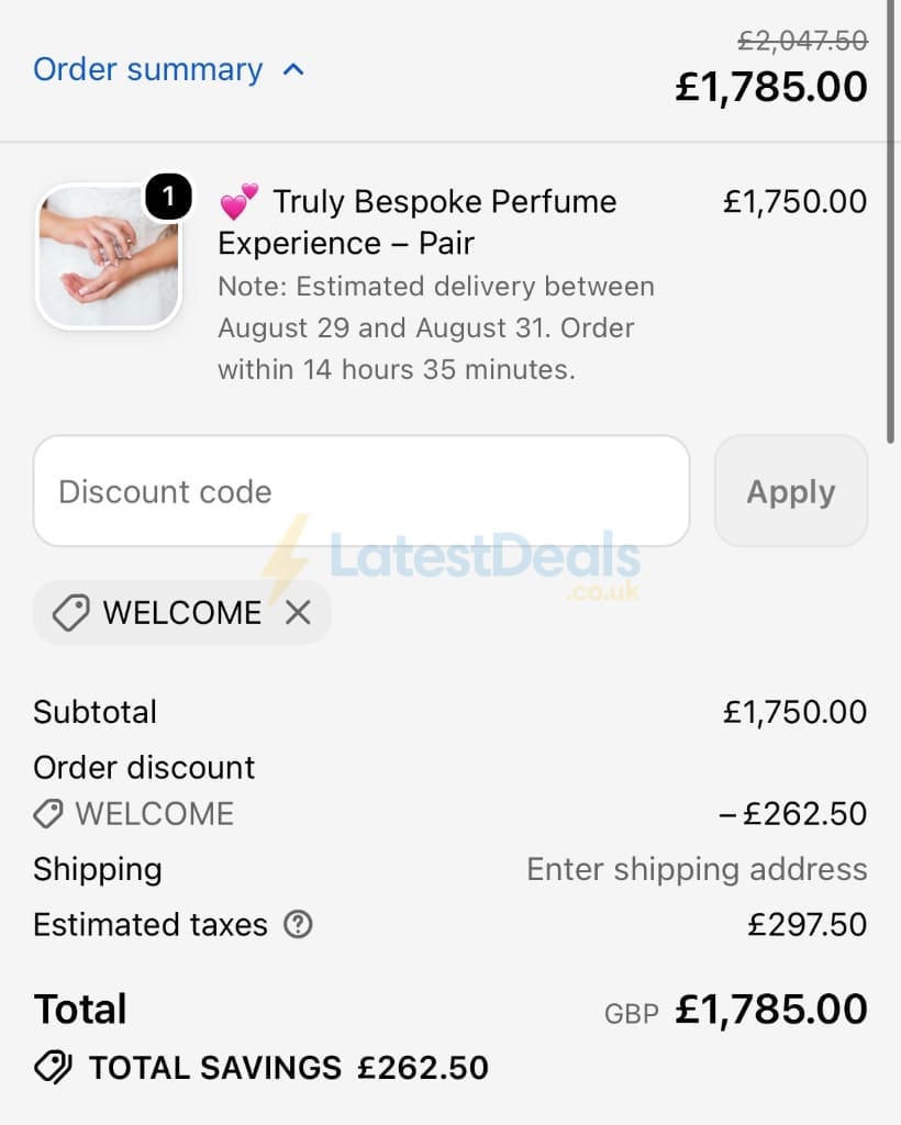 Screenshot of the Hamdah London UK discount code working
