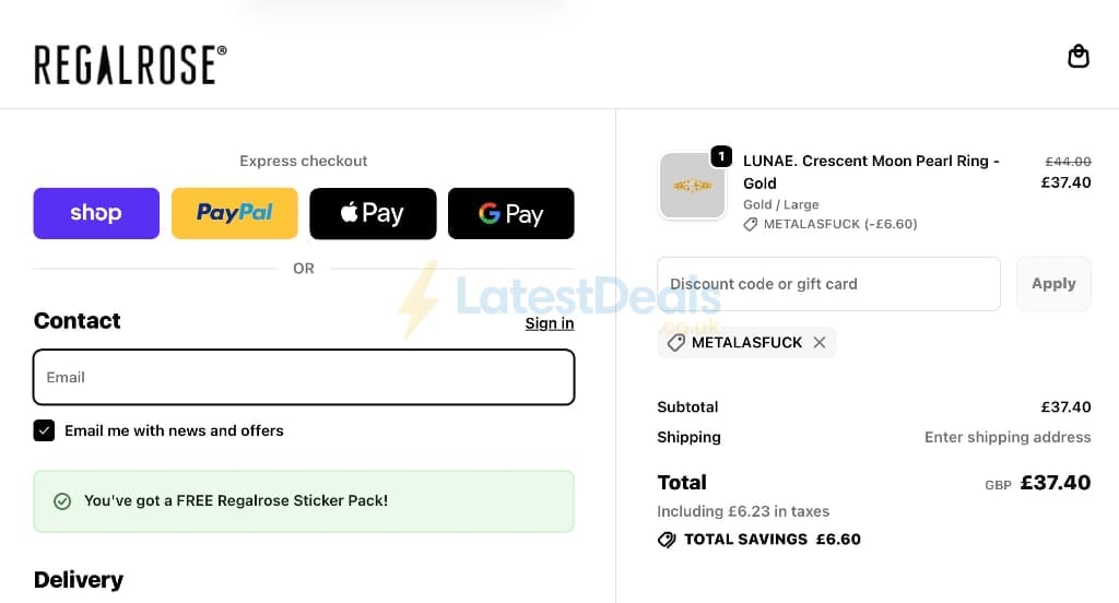 Screenshot of the REGALROSE discount code working