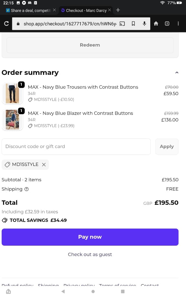 Screenshot of the Marc Darcy discount code working