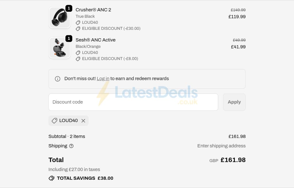 Screenshot of the Skullcandy discount code working