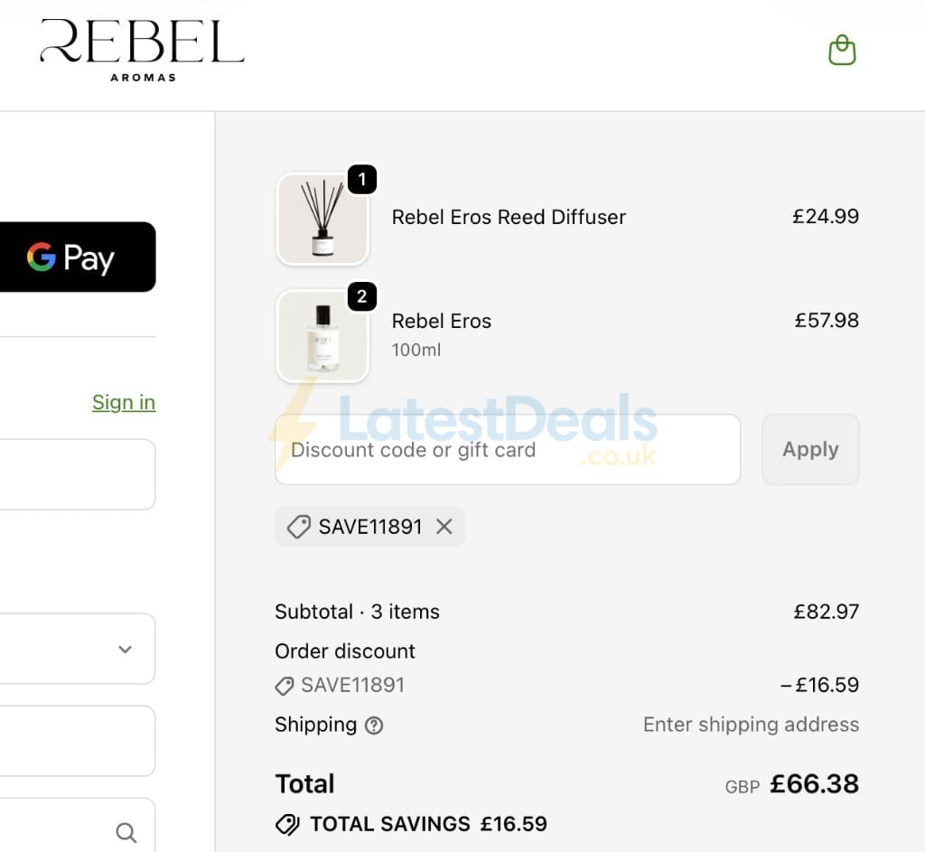 Screenshot of the Rebel Aromas discount code working