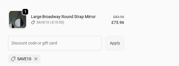 Screenshot of the Hollywood Mirrors discount code working