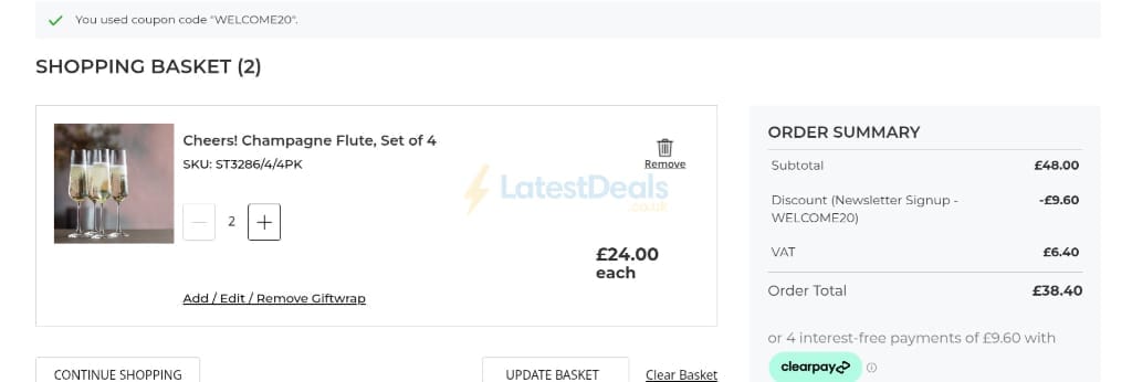 Screenshot of the Dartington Crystal discount code working