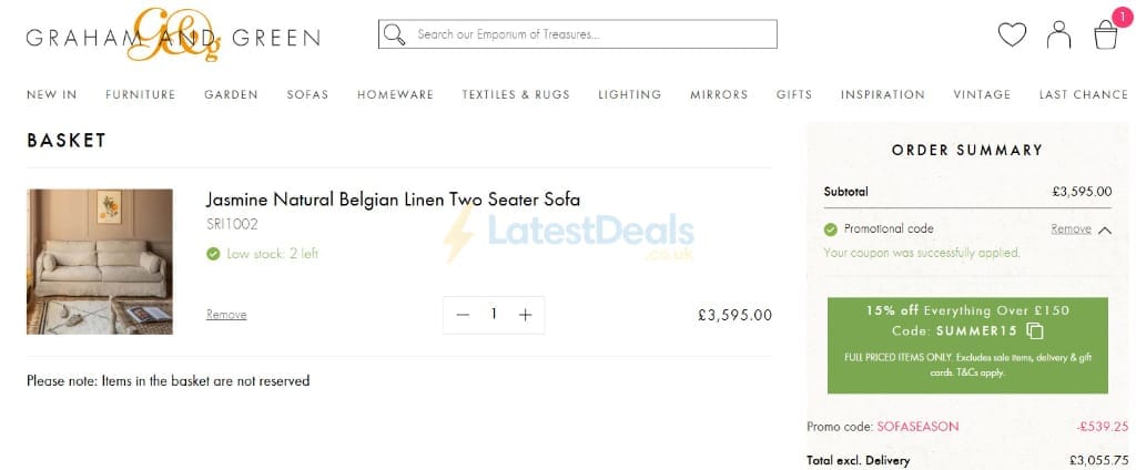 Screenshot of the Graham and Green discount code working