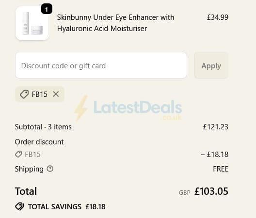 Screenshot of the Skinbunny discount code working