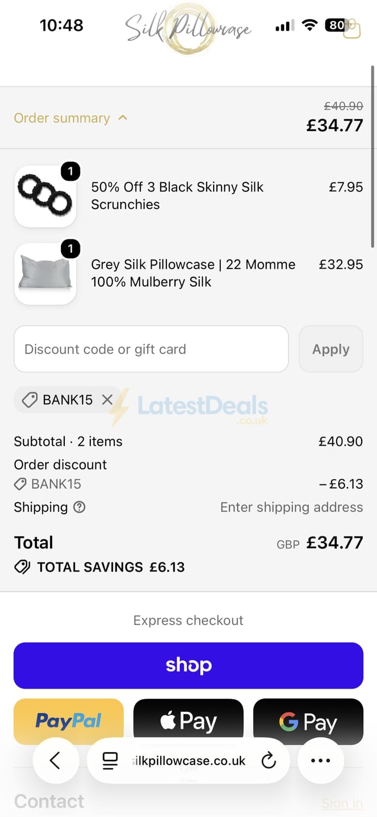 Screenshot of the Silk Pillowcase discount code working