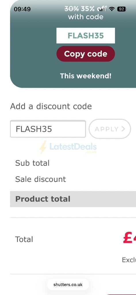 Screenshot of the Shutter Store UK discount code working