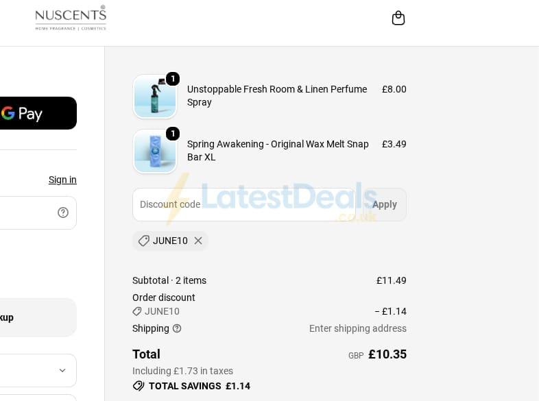 Screenshot of the Nuscents discount code working
