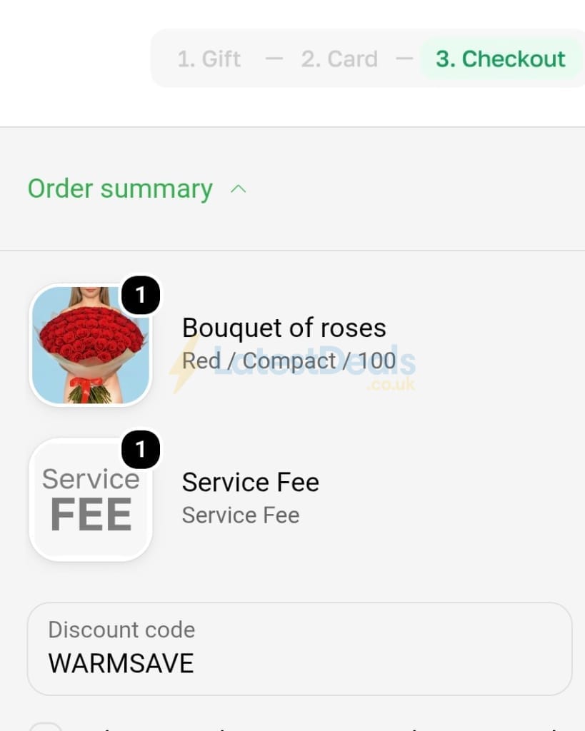 Screenshot of the MyFlowers discount code working