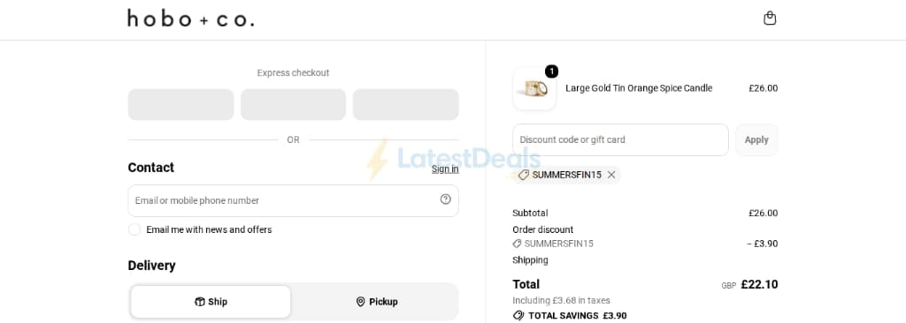 Screenshot of the hobo + co discount code working