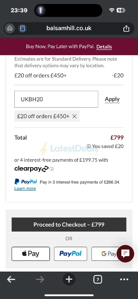 Screenshot of the Balsam Hill discount code working