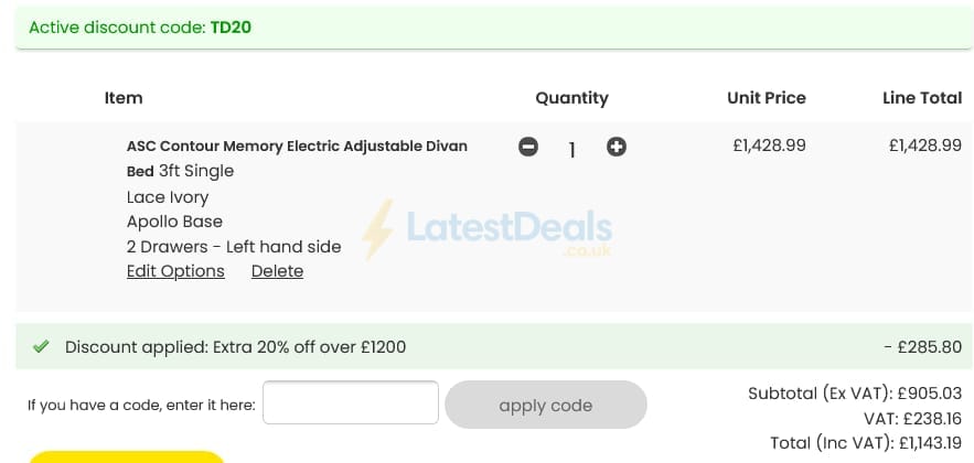 Screenshot of the Archers Sleepcentre discount code working