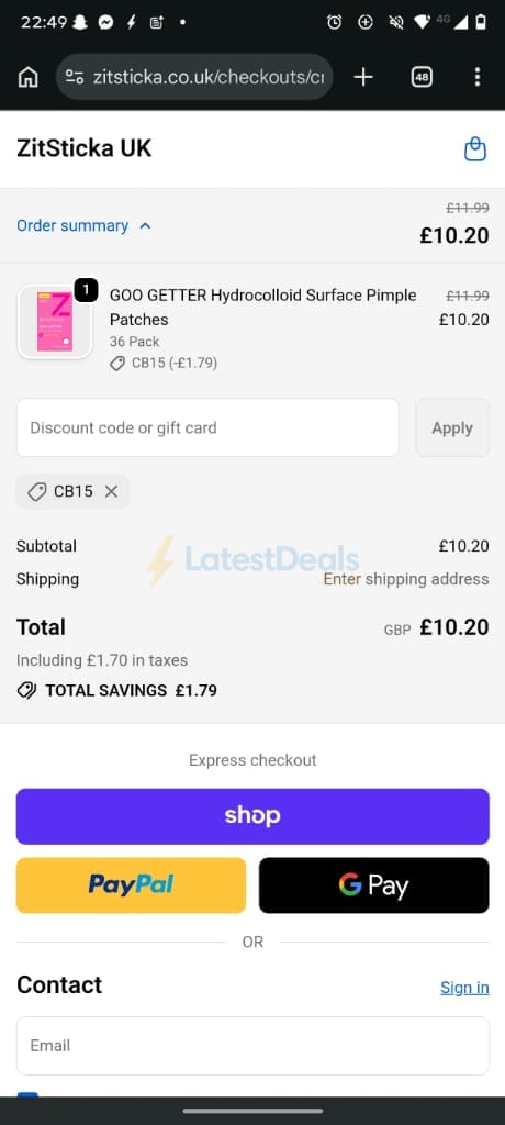 Screenshot of the Zitsticka discount code working