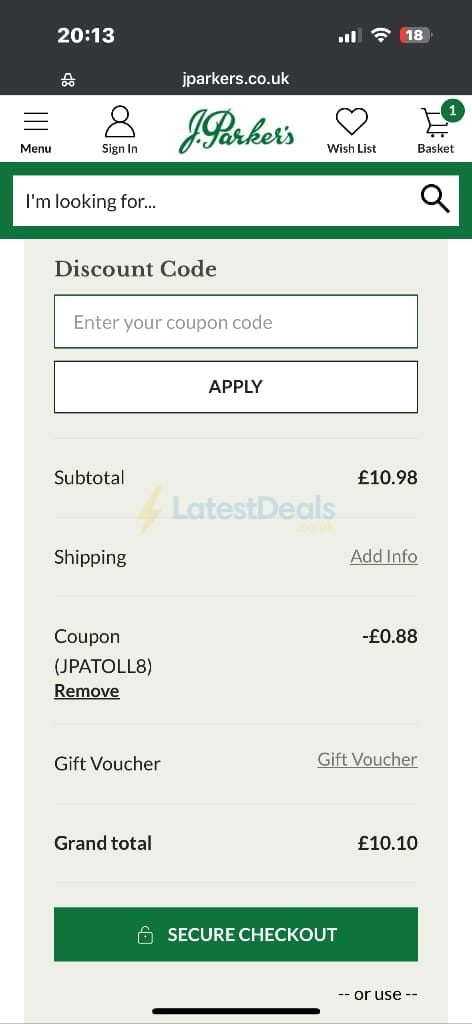 Screenshot of the J Parkers discount code working