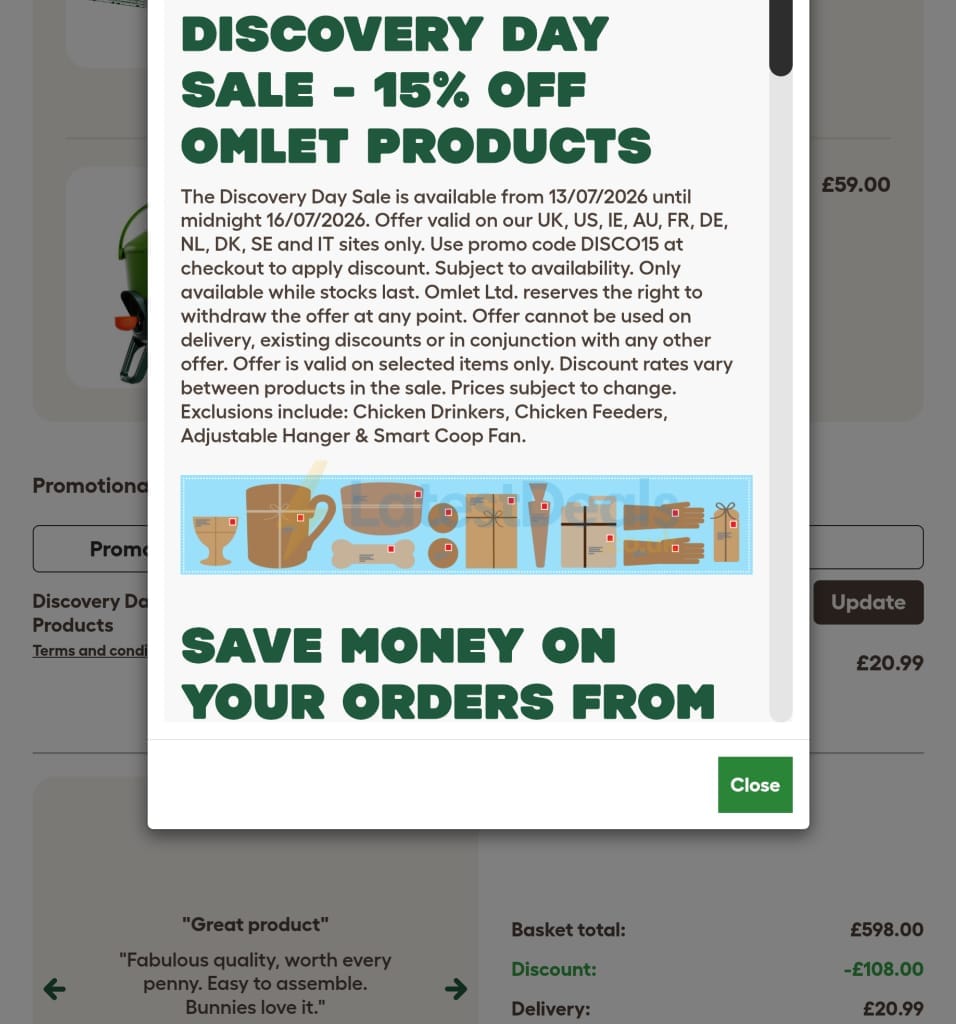 Screenshot of the Omlet discount code working