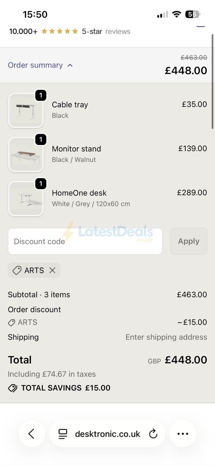 Screenshot of the Desktronic discount code working