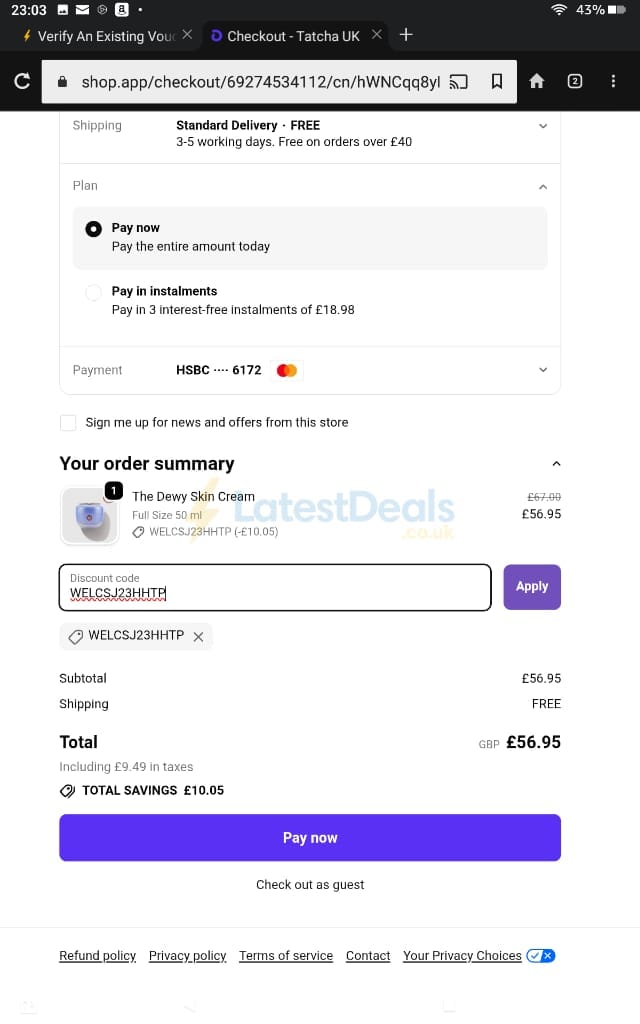 Screenshot of the Tatcha discount code working