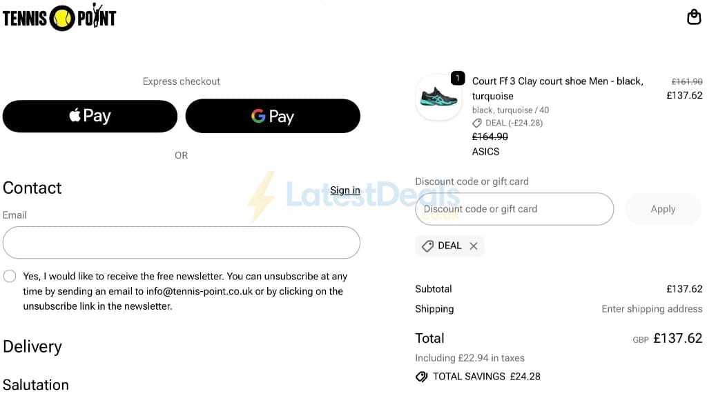 Screenshot of the Tennis Point discount code working