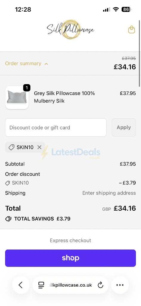 Screenshot of the Silk Pillowcase discount code working