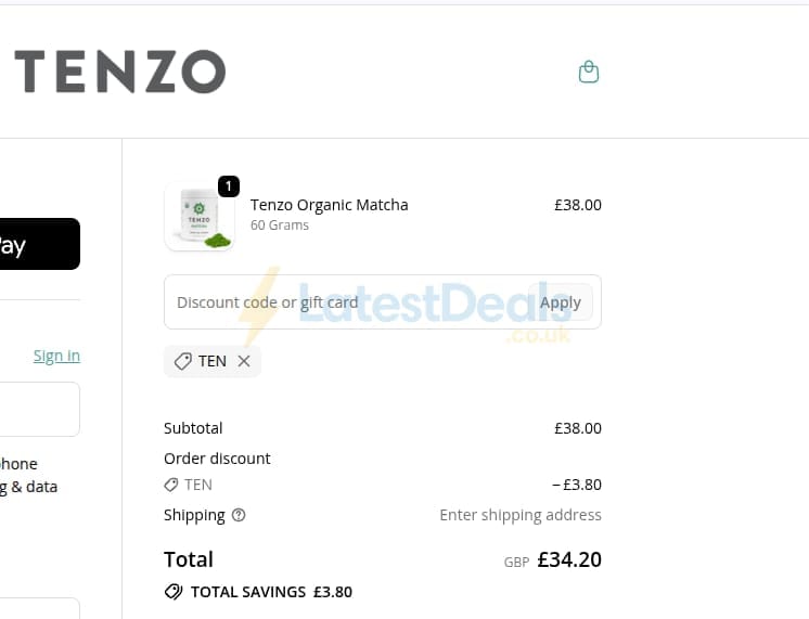 Screenshot of the Tenzo Tea discount code working