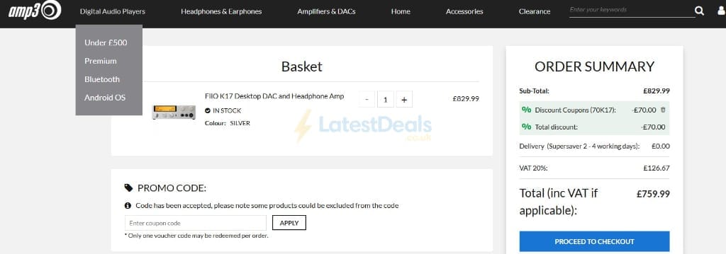 Screenshot of the Advanced MP3 Players discount code working