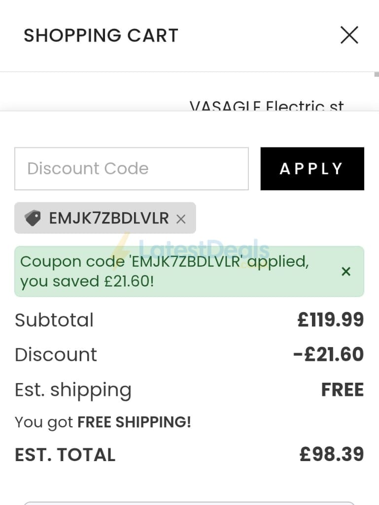 Screenshot of the Songmics discount code working