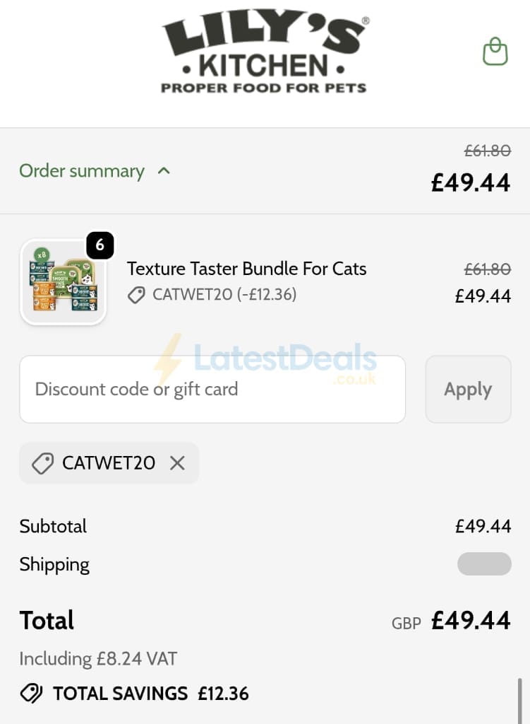 Screenshot of the Lily's Kitchen discount code working