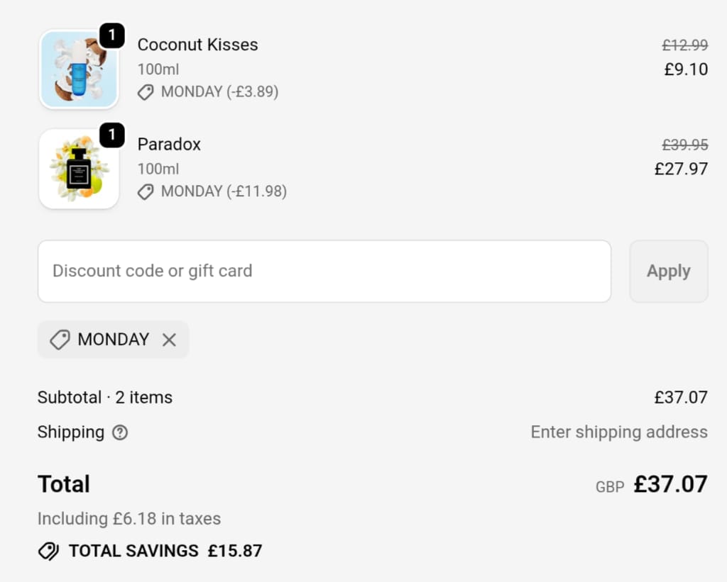 Screenshot of the The Fragrance World discount code working