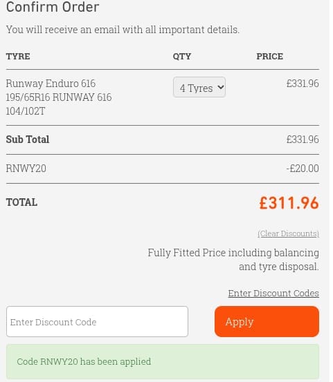 Screenshot of the RAC Tyres discount code working