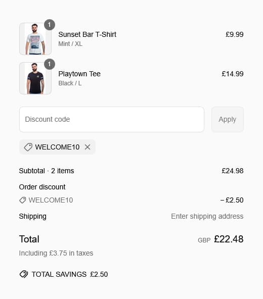 Screenshot of the Blue Inc discount code working