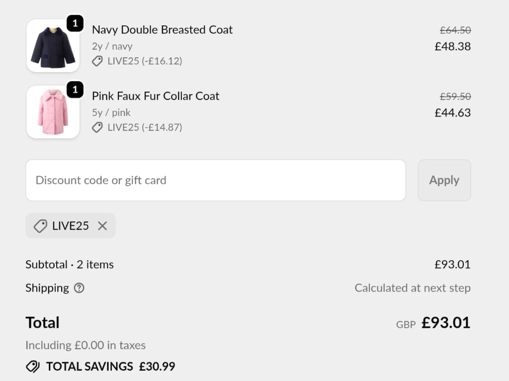 Screenshot of the Rachel Riley discount code working