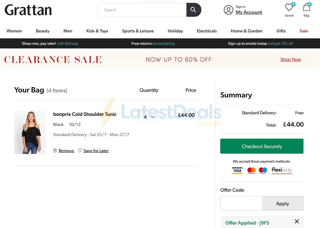 Screenshot of the Grattan discount code working